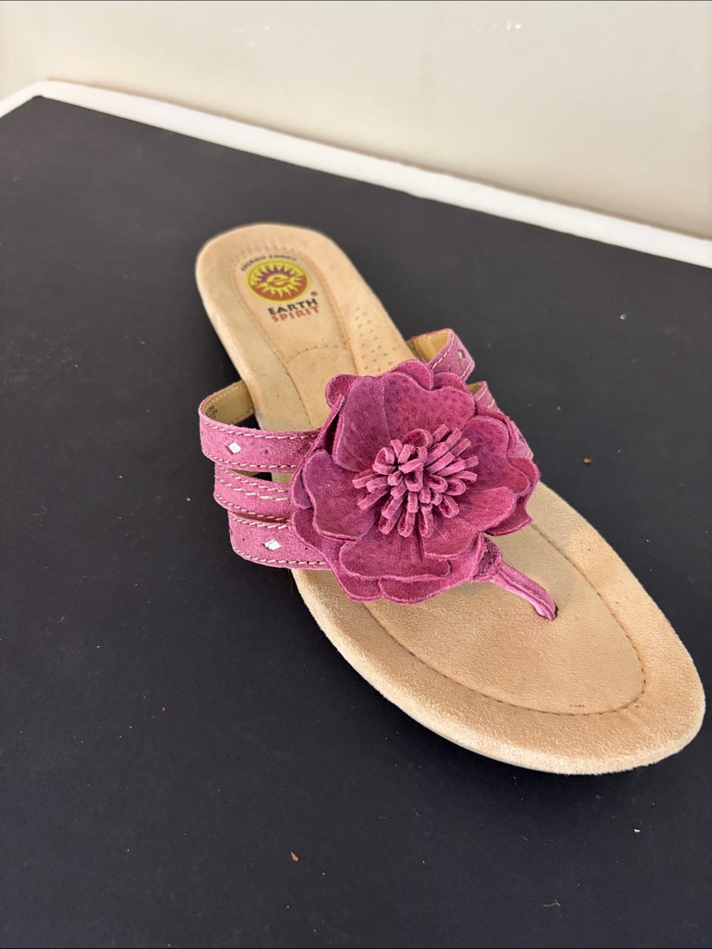 Earth Spirit Pink Leather Suede Thong Floral Sandals Size 8.5